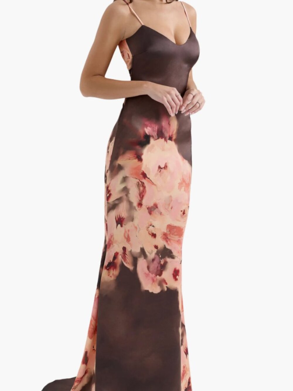 House of CB Mariamma Dark Brown Floral Printed Satin Maxi Dress - Large - Picture 2 of 7